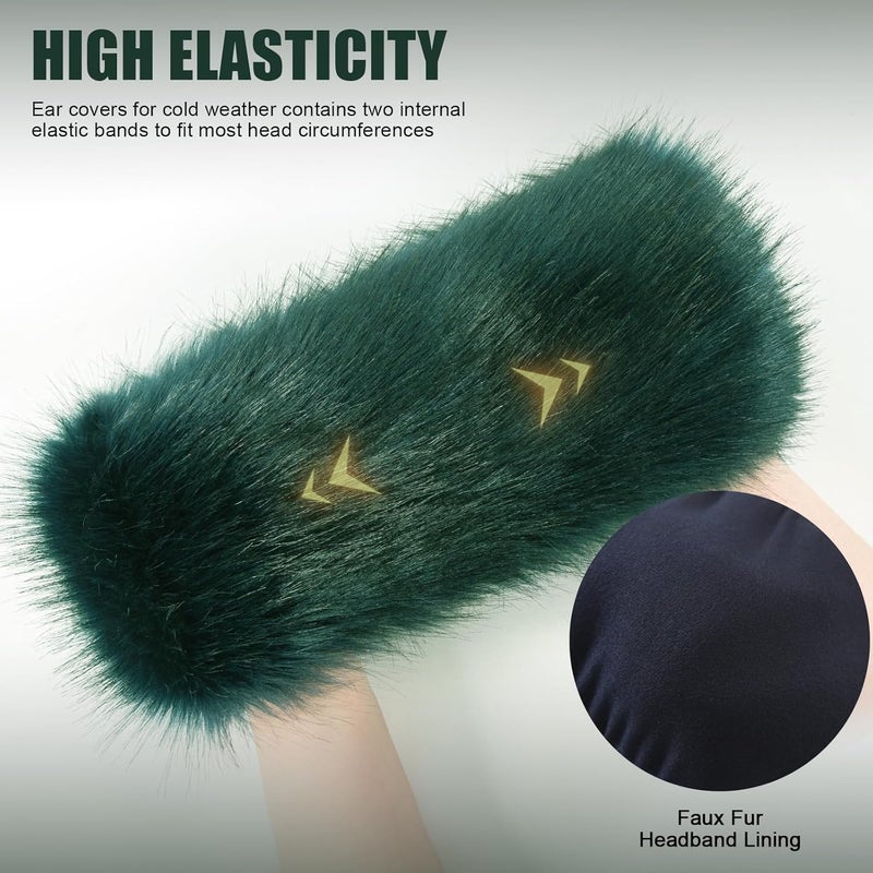 RANOME Faux Fur Headband for Women Elastic Fuzzy Thick Earmuffs Winter Headwrap Ear Muffs Furry Ear Warmers Cold Weather (Dark Green) - Image 3
